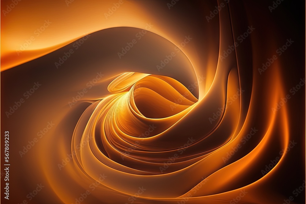 Poster a computer generated image of an orange and yellow spiral design on a black background with a gold c