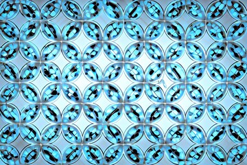 Fototapeta premium Blue glass luminaire with circles isolated on a black background. Retro style. Hypnotic effect. Blue light - generative ai