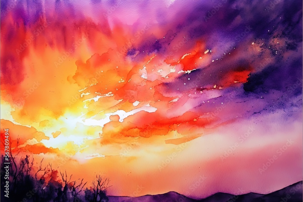 Poster a painting of a colorful sunset with clouds and mountains in the background and a purple and orange 