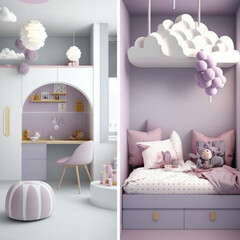 Child bedroom interior in pink and lilac tones - Generative AI