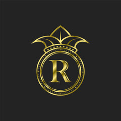 initial r gold logo luxury elegant with crown
