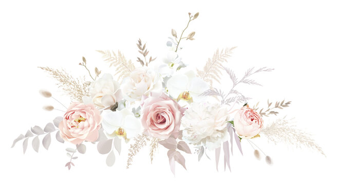 Pastel pampas grass, ivory peony, creamy orchid, dusty pink rose