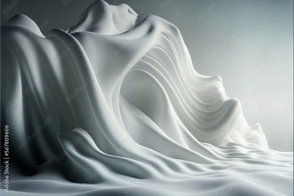 Poster a white abstract painting with flowing white fabric on a gray background with a black background and