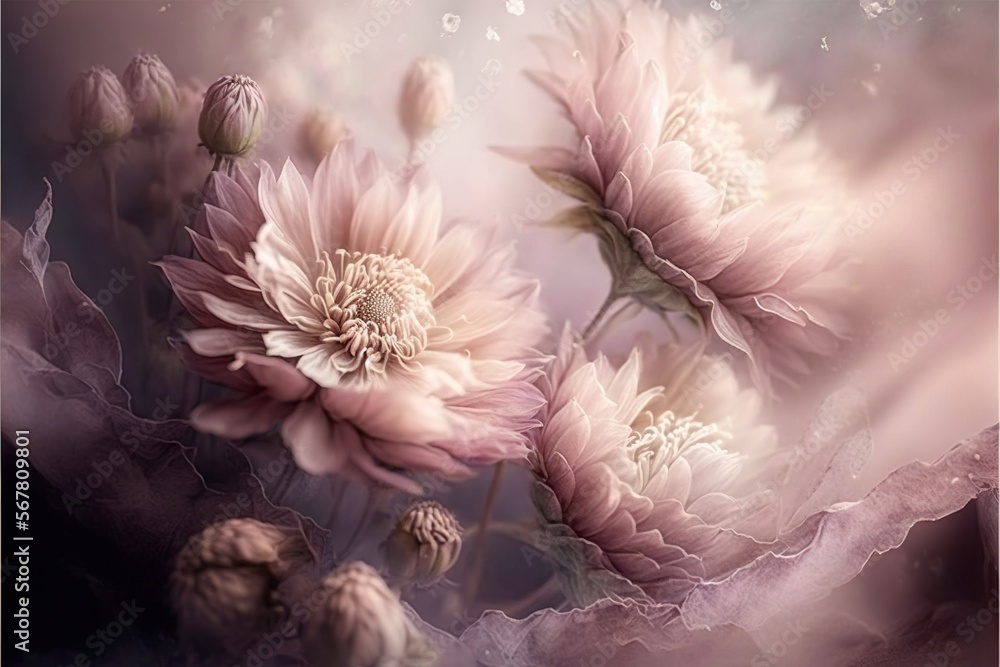 Poster a bunch of flowers that are in the air with water droplets on them and a sky background with a few c