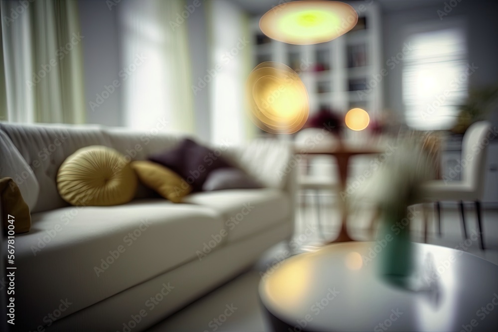 Poster a blurry photo of a living room with a couch and a table in the foreground and a table with chairs i