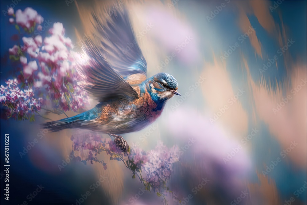 Poster a colorful bird is flying over a branch of lilacs and a blue sky is in the background with clouds an