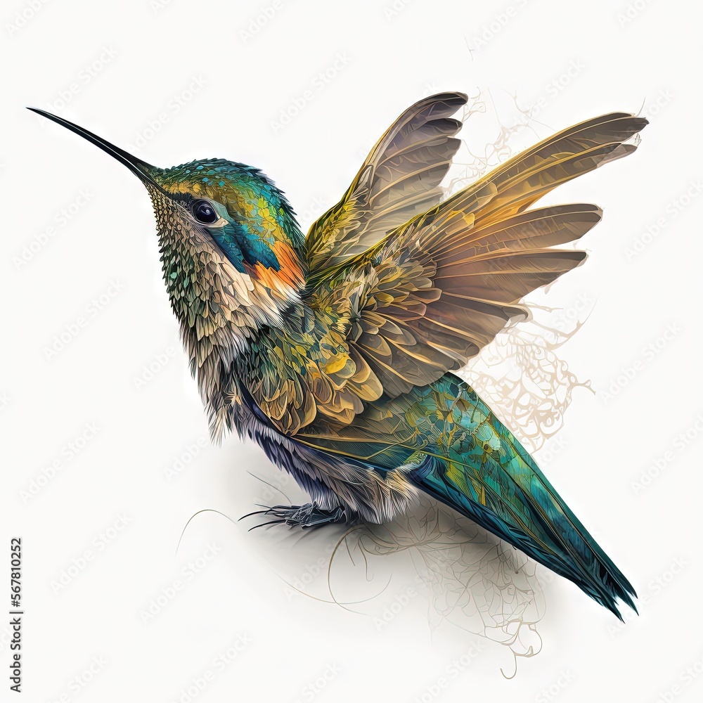 Poster a colorful bird with a long beak sitting on a white surface with a flower pattern on it's back end a