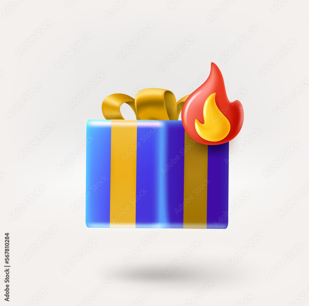 Poster gift box icon with bonfire. 3d vector icon isolated on white background