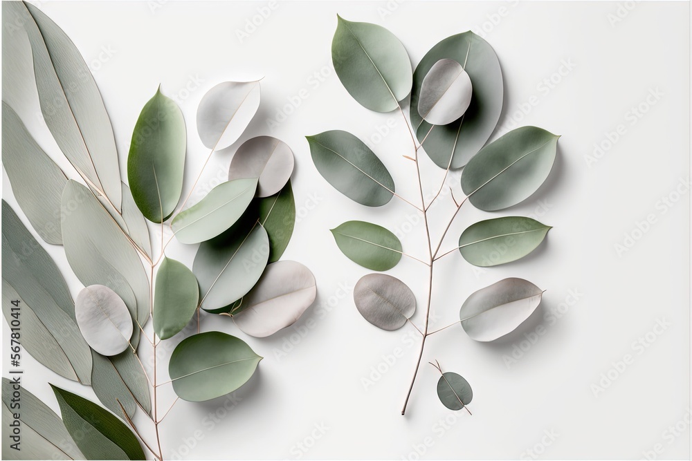 Poster a group of leaves on a white background with a white background and a white background with a white 