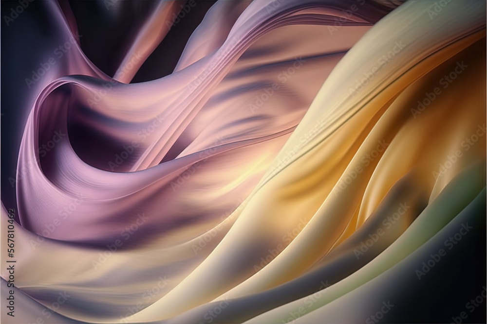Poster a computer generated image of a wavy fabric with a black background and a yellow and purple design o