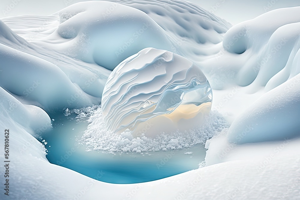 Poster an iceberg floating in the middle of a frozen lake surrounded by snow covered mountains and ice cove