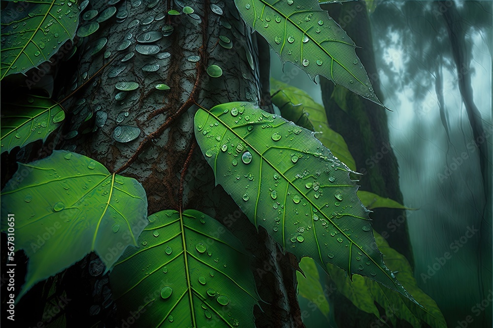 Poster a green leaf covered tree in a forest with raindrops on it's leaves and a tree trunk in the foregrou