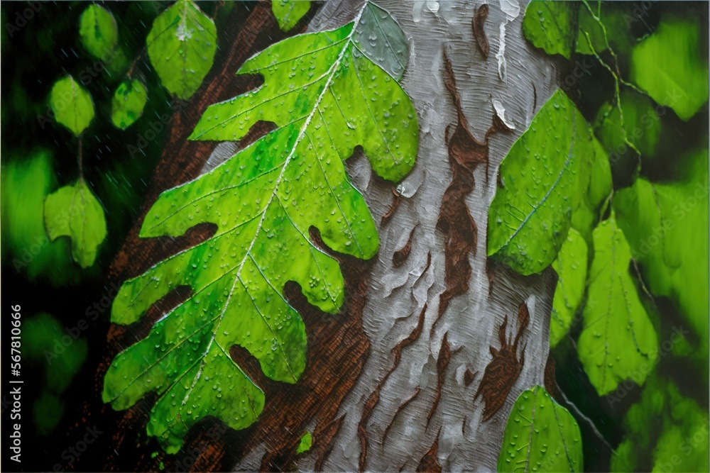 Poster a painting of a tree with green leaves on it's trunk and a tree trunk in the background with water d