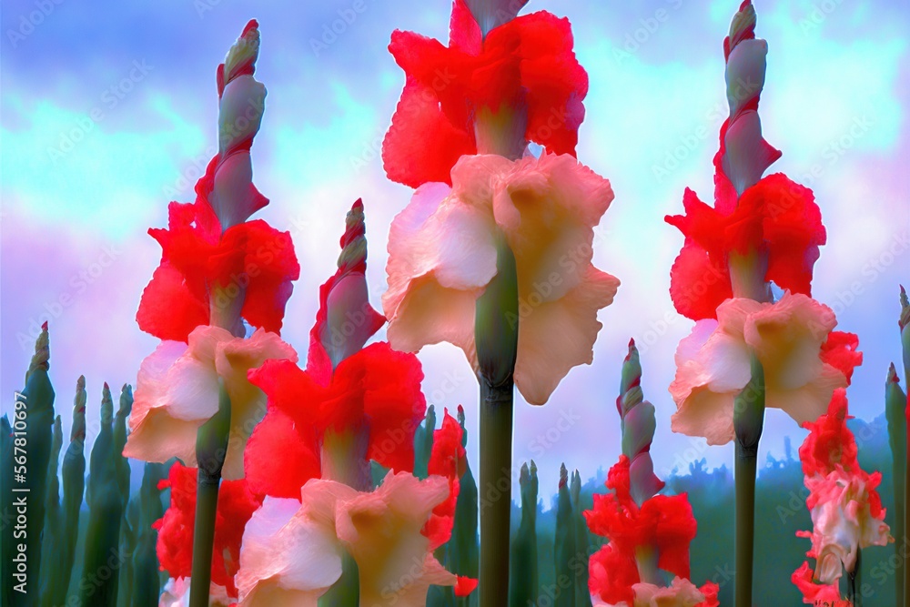 Poster a group of red and white flowers in front of a blue sky with clouds in the background and a few gree