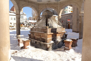 Erzurum in Turkey.
02.02.2023
Ancient water source (Turkish: Su Kaynak), close to Muratpasa mosque for ablution before prayer.
Islamic ancient building, cold weather in winter -50 C.
Snow, Freeze, ice