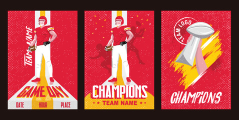 VECTORS. Poster templates for an American Football Team. Uniform colors: Red, yellow, white. Game Day, Super Bowl, Champions, trophy, winners, invitation, flyer, ad, watch party, social media kit