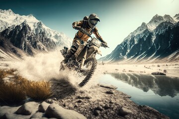 Extreme Motocross MX Rider riding on dirt water track ,snow mountains one the background  , photography 8K,4K,HDR , High Detail ,Photorealistic,high quality ,Realistic, ultra detail,CGI, VFX, SFX --ar - obrazy, fototapety, plakaty