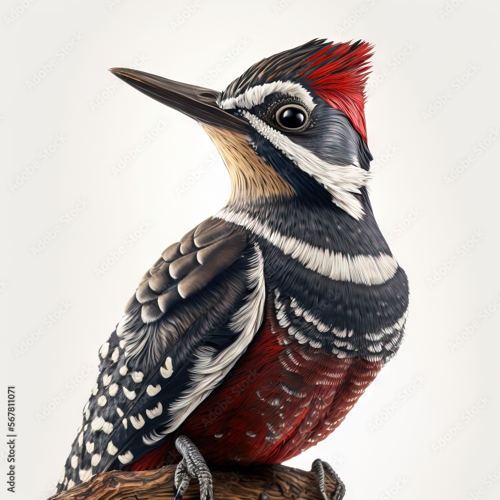 Poster a colorful bird sitting on top of a tree branch on a white background with a black and red head and 