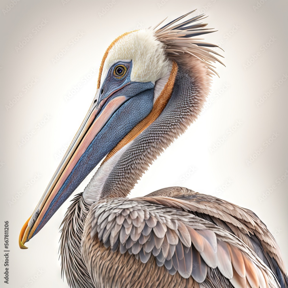 Poster a large bird with a long neck and a long bill standing in front of a white background with its wings