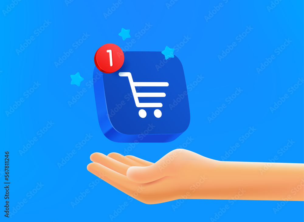 Aufkleber Buyer concept. Hand with shopping app button. 3d vector mobile application icon with notification