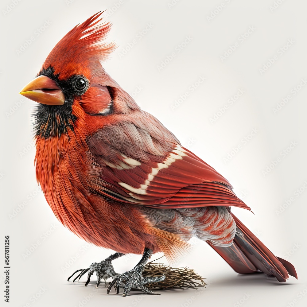 Poster a red bird with a black beak and a white back ground with a white background and a white back ground