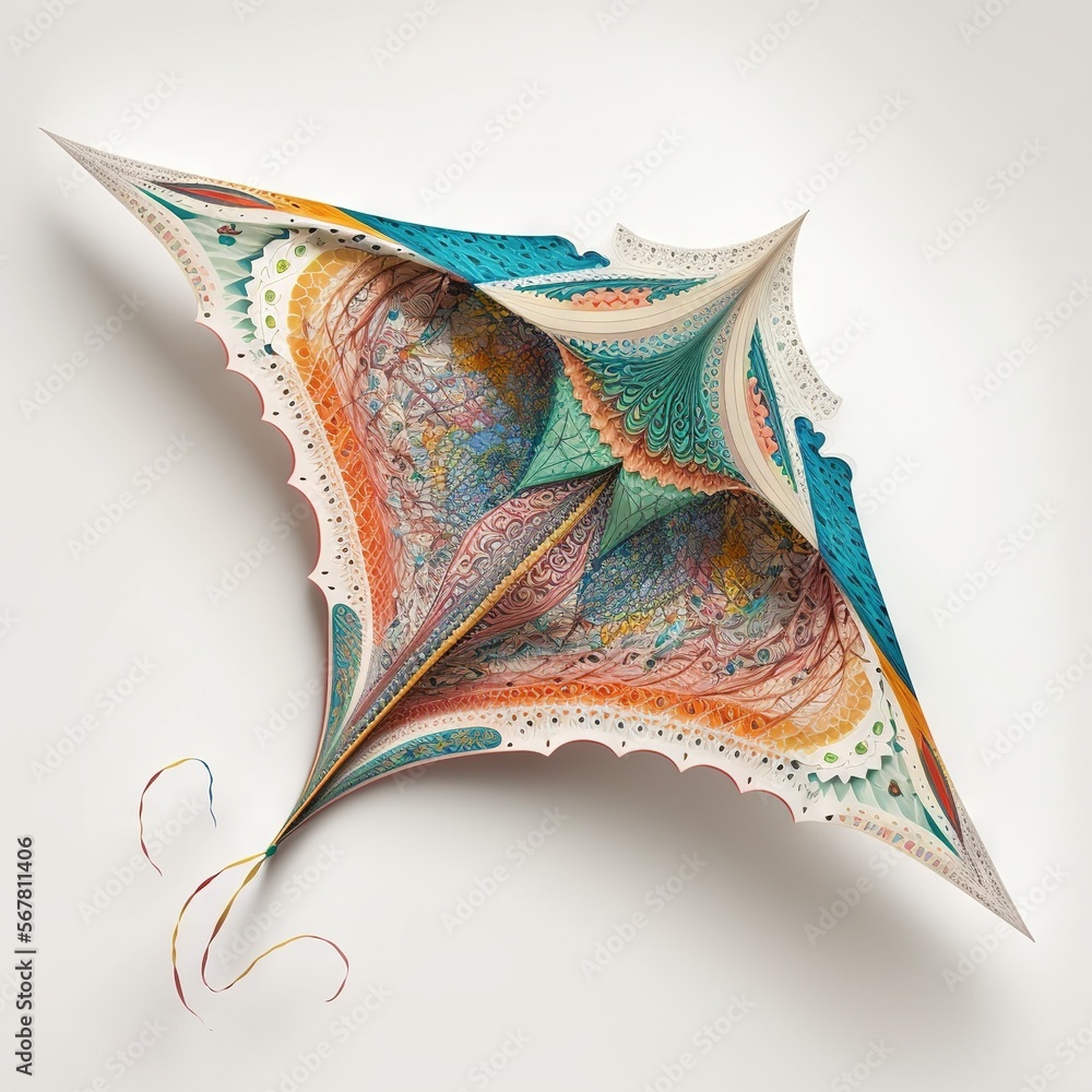 Poster a colorful paper umbrella with intricate designs on the inside of it, on a white surface, with a str