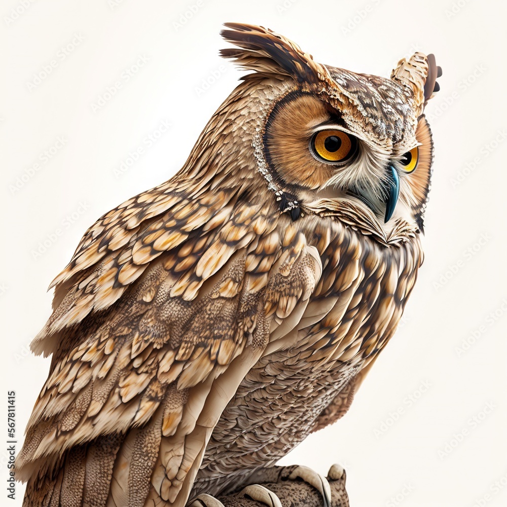 Poster an owl is perched on top of a tree branch with a white background and a yellow - eyed owl's head is 