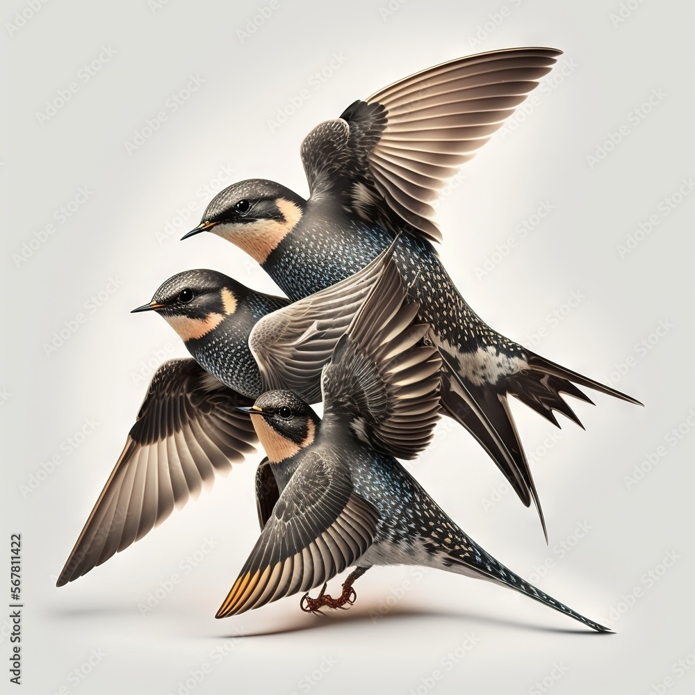 Poster a group of birds flying next to each other on a white background with a gray background and a white 