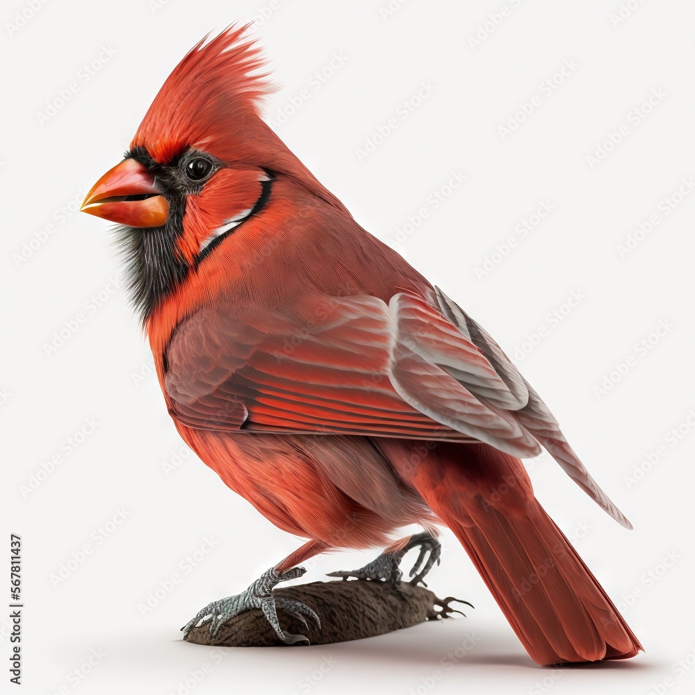 Poster a red bird with a black face and a red beak is standing on a rock and looking at the camera with a w