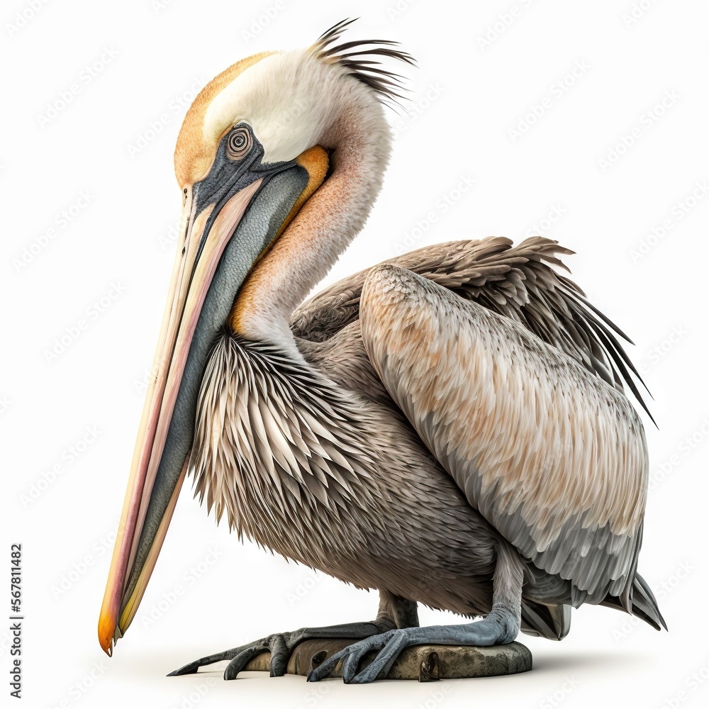 Poster a pelican with a long beak is standing on a rock and looking at the camera with a white background a