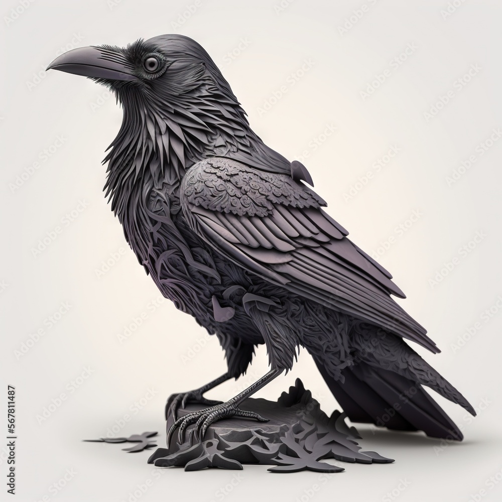 Poster a black bird sitting on top of a piece of paper next to a leafy tree branch on a white background wi