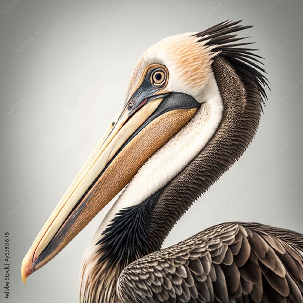 Aufkleber a large bird with a long beak and a long bill is standing in front of a gray background with a white