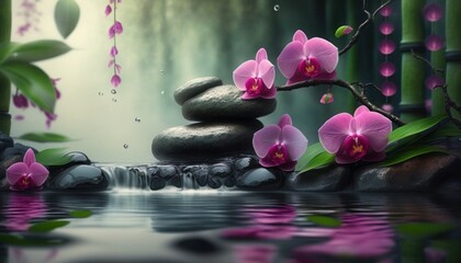 Zen spa stones with pink orchid and bamboo, generative ai