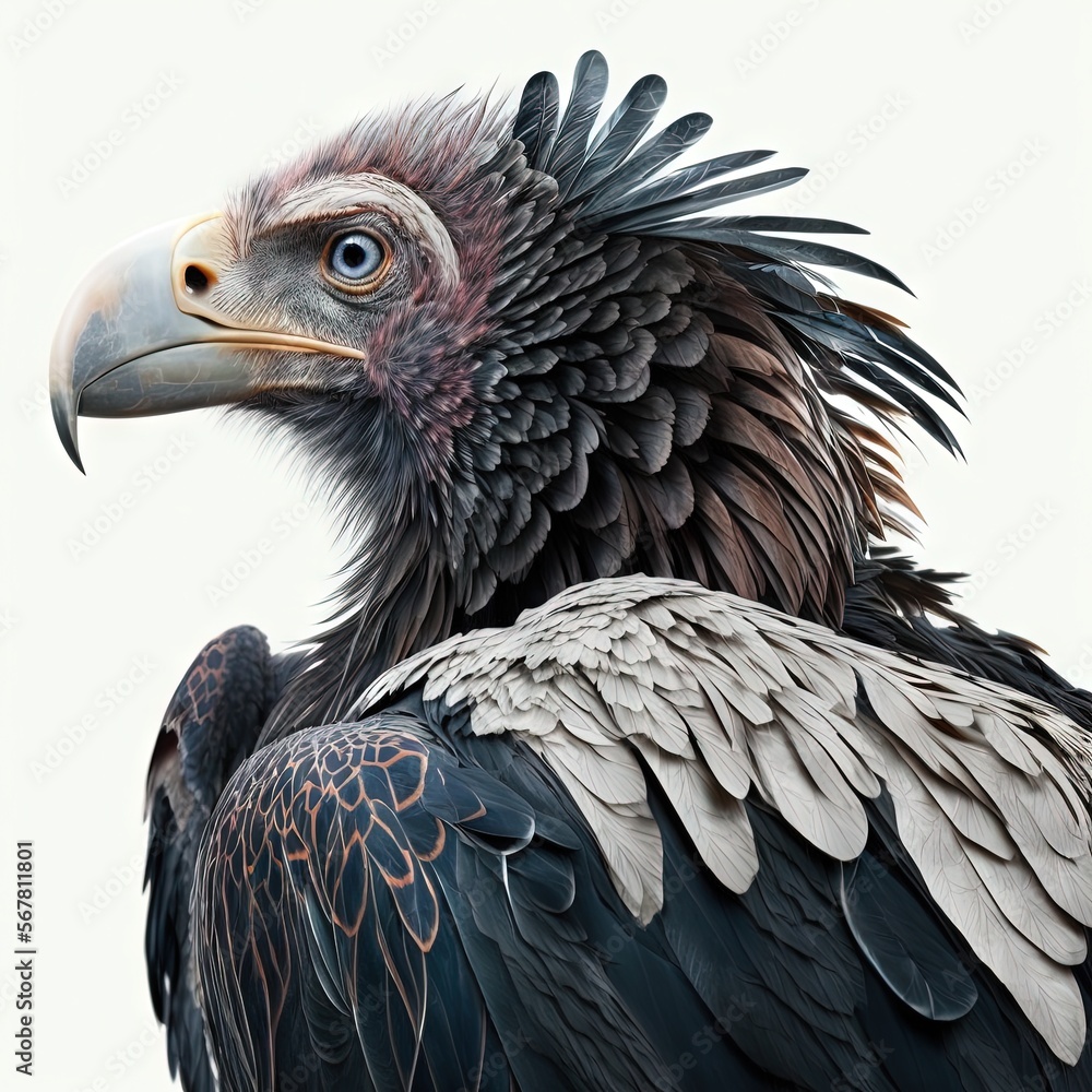 Poster a large bird with a very long beak and a very large wing on it's back end, with a white background b