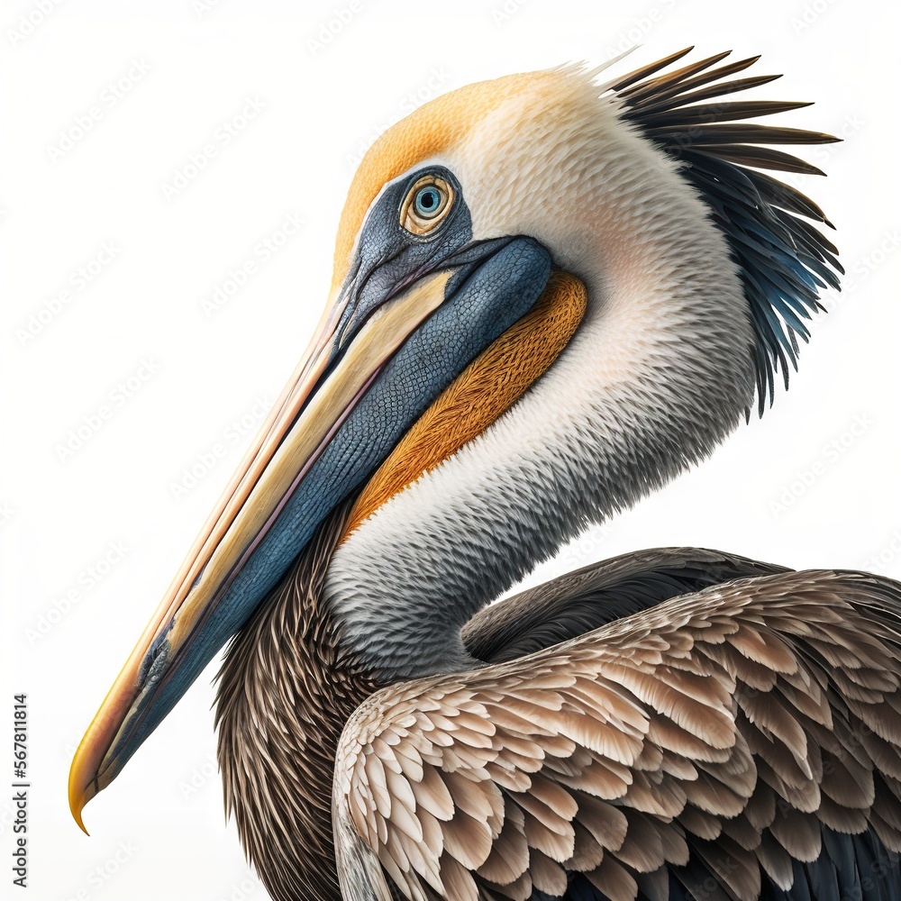 Poster a large bird with a long beak standing on a white surface with its wings spread out and it's head ti
