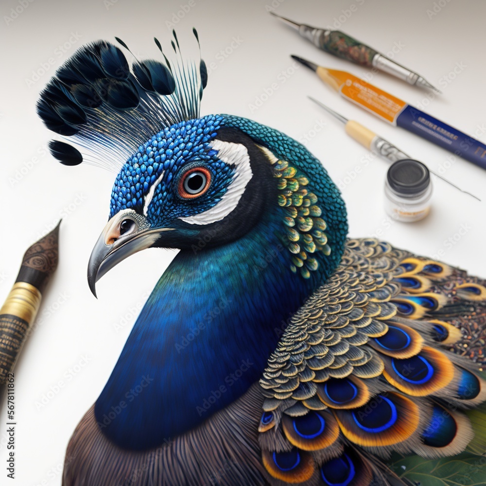 Poster a peacock with feathers and feathers on its head next to a pen and markers on a white surface with a