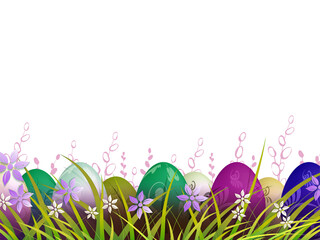 Easter composition with colorful eggs in grass flowers.