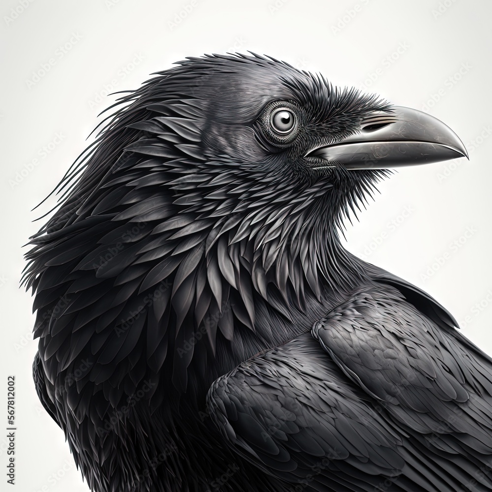 Poster a close up of a black bird on a white background with a black beak and a black head with a black and