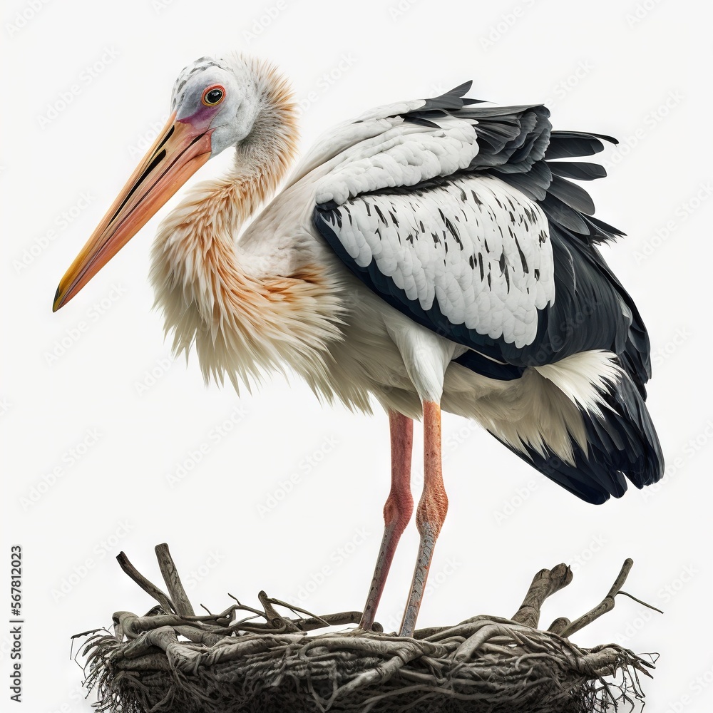 Poster a large bird standing on top of a nest of twigs and twigs on a white background with a black and whi