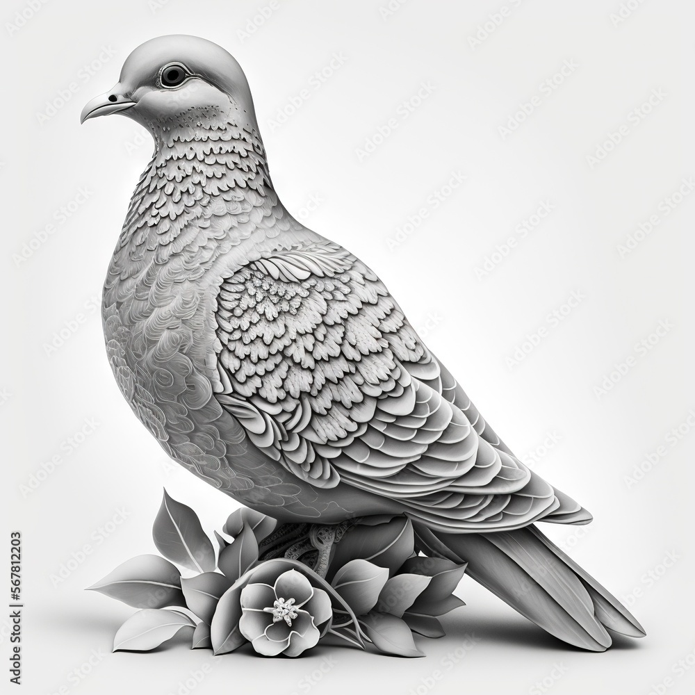 Poster a black and white photo of a bird sitting on a branch with a flower in front of its body and a white