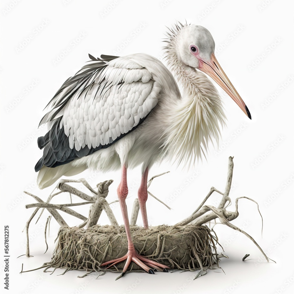 Aufkleber a white stork standing on top of a pile of hay next to a tree branch and another bird with a long be