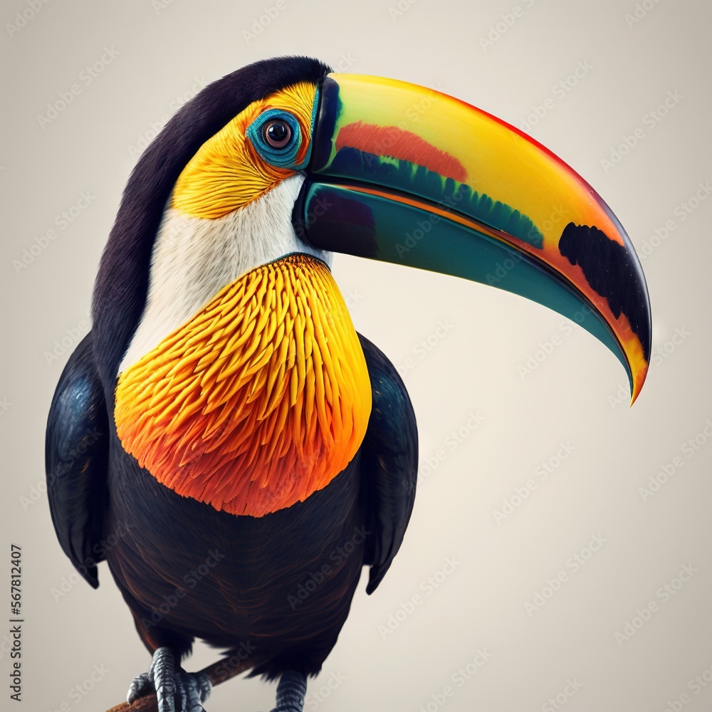 Poster a toucan bird with a colorful beak on a branch with a white background and a gray sky in the back gr