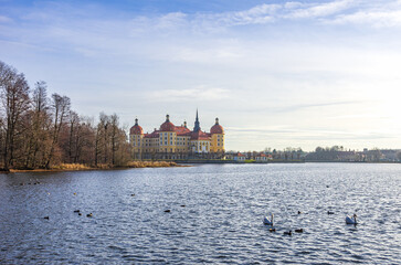Pond with water fowl and Moritzburg Palace near Dresden, Saxony, Germany; taken from public place.