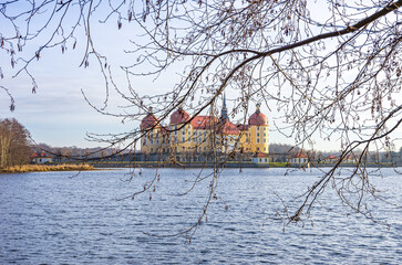 Moritzburg Palace and pond near Dresden, Saxony, Germany; taken from public place.
