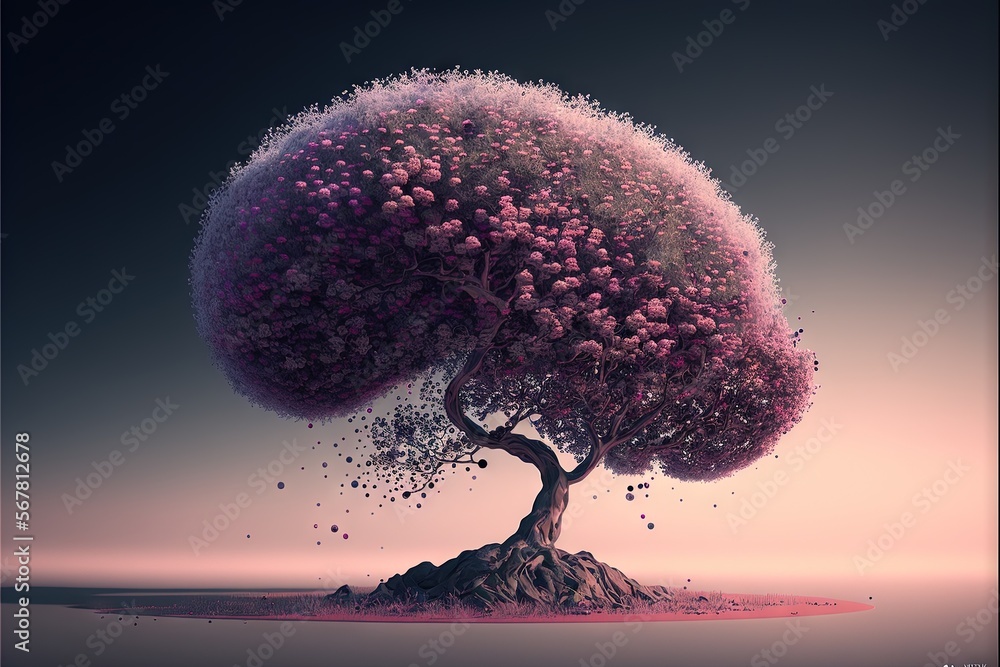 Aufkleber a tree that is sitting on top of a rock in the middle of a field with a pink sky in the background a
