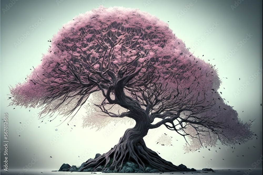 Poster a tree with a lot of leaves on top of a rock in the middle of a field with birds flying around it an
