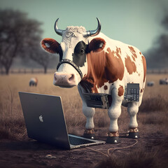 High-Tech Cattle: Cow Using a Laptop at the Farm