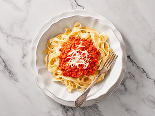 Close up plate of fresh cooked tagliatelle pasta with Bolognese sauce on marble background. Top view.