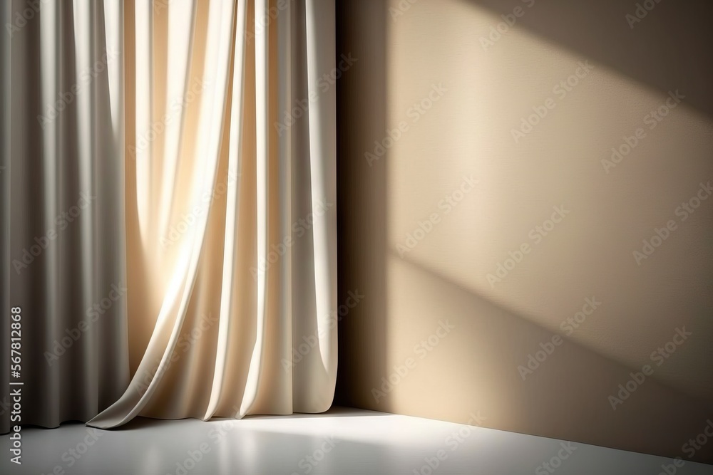 Poster a window with a curtain and a light coming through it in a room with a white floor and a wall with a