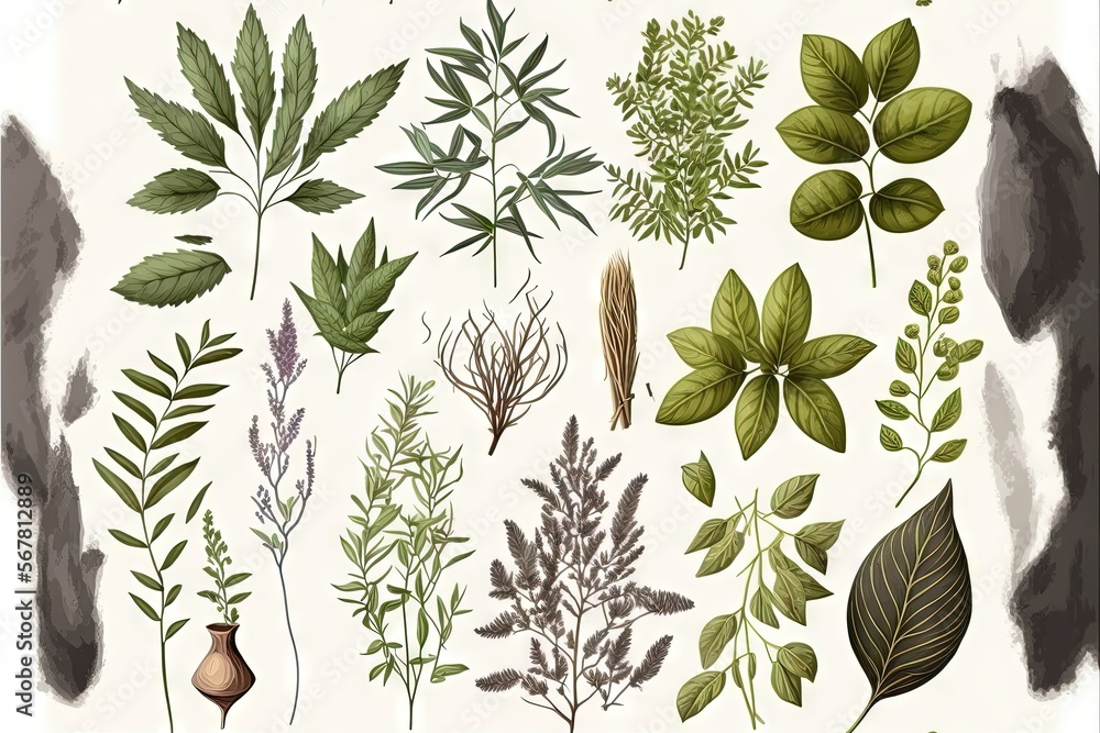 Poster a collection of different plants and leaves on a white background with a black spot in the middle of